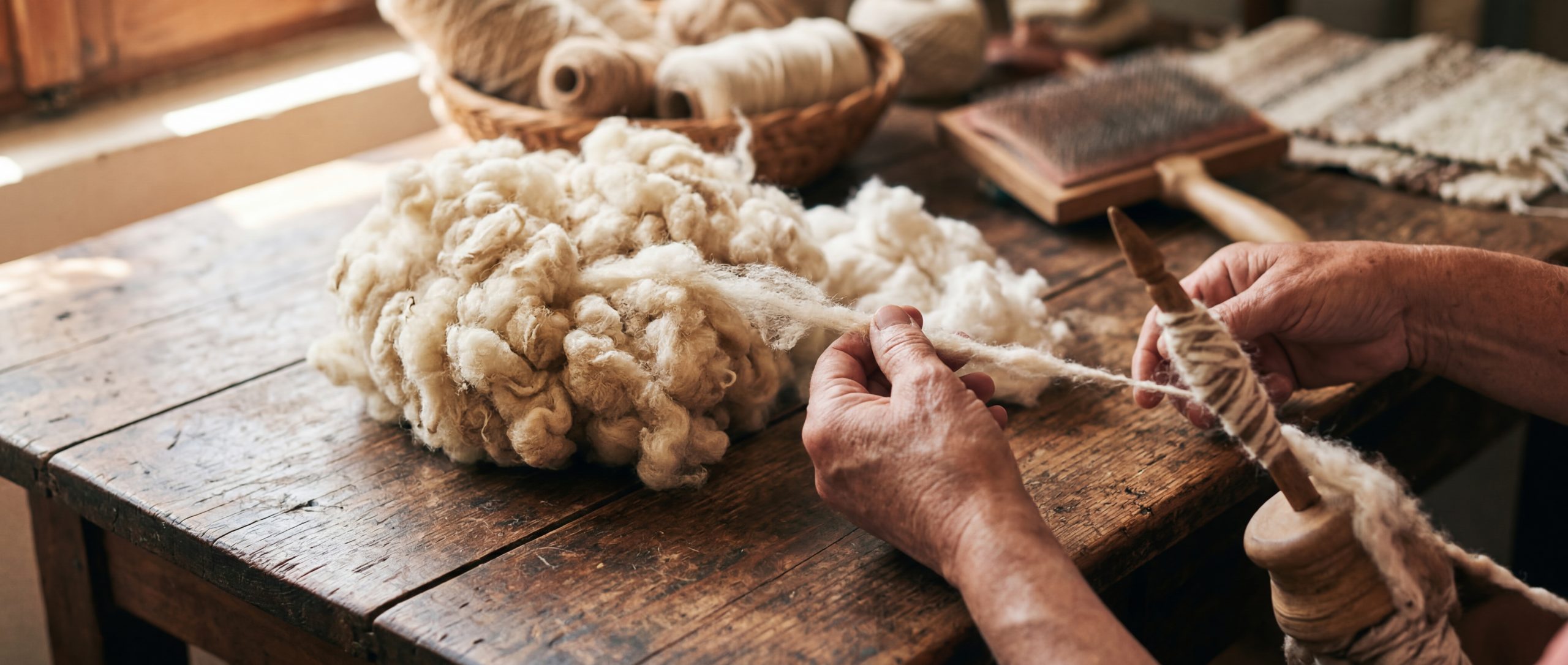 Manos de artesano trabajando lana natural sobre mesa de madera — fabricación artesanal de colchones
